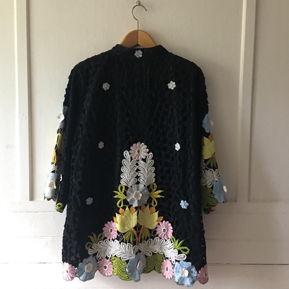 Vintage Floral Lace Embroidered Multicolor Kimono Jacket Tunic Blouse Top - Picture 6 of 8